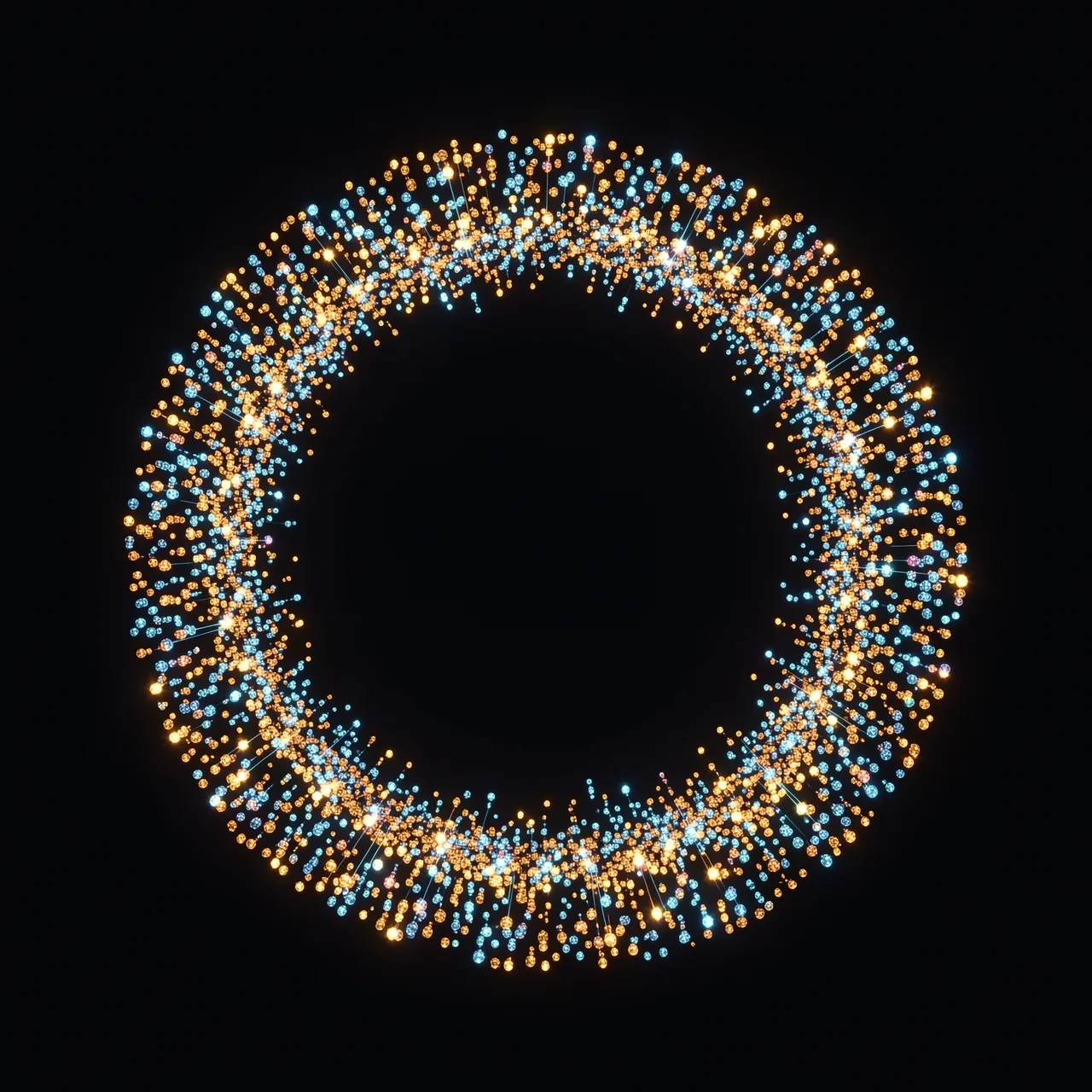 A circular ring of glowing golden and blue particles sits against a solid black background with an empty dark center.