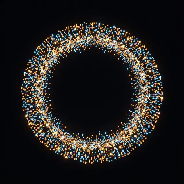 A circular ring of glowing golden and blue particles sits against a solid black background with an empty dark center.
