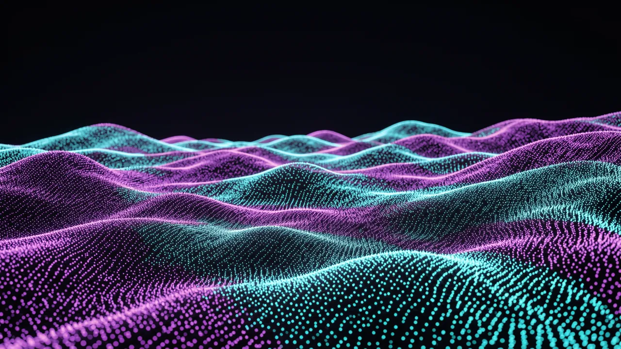 Wavy digital terrain made of glowing purple and cyan particles stretches across a dark background