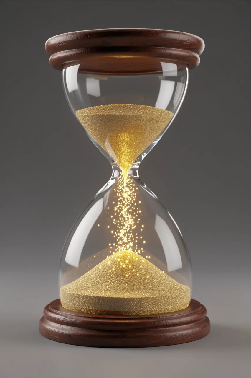A wooden framed glass hourglass with falling sand turning into glowing golden light particles against a gray background