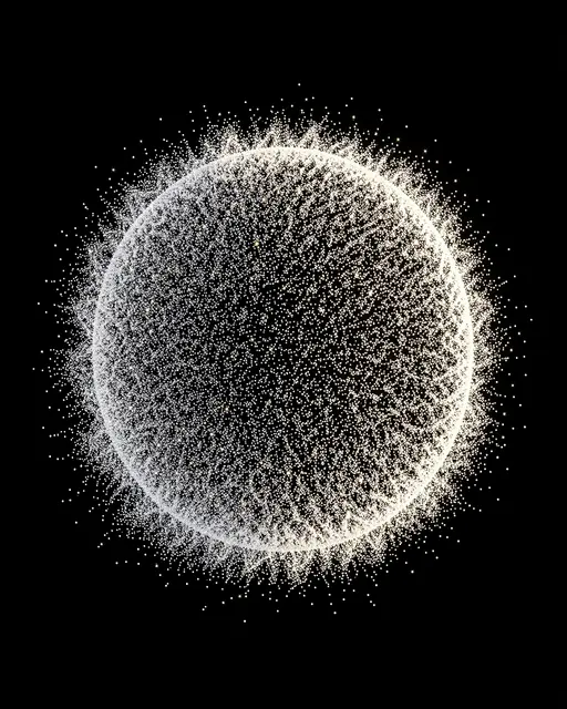A spherical orb of tiny glowing light particles dissolving softly at its edges against a solid black background