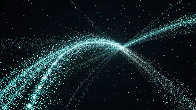 Cyan and white glowing particles trace intersecting curved streams across a dark black background