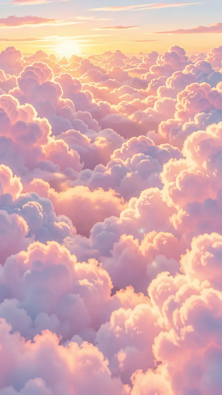A top-down view of fluffy pastel clouds glowing under a warm sunrise sky