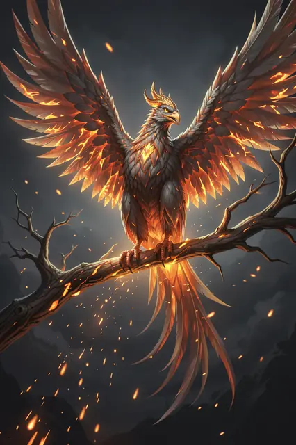 A glowing mythical phoenix with spread wings perches on a smoldering branch as embers drift into dark misty air