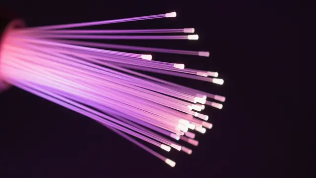 Illuminated pink and violet fiber optic strands fan out against a dark black background