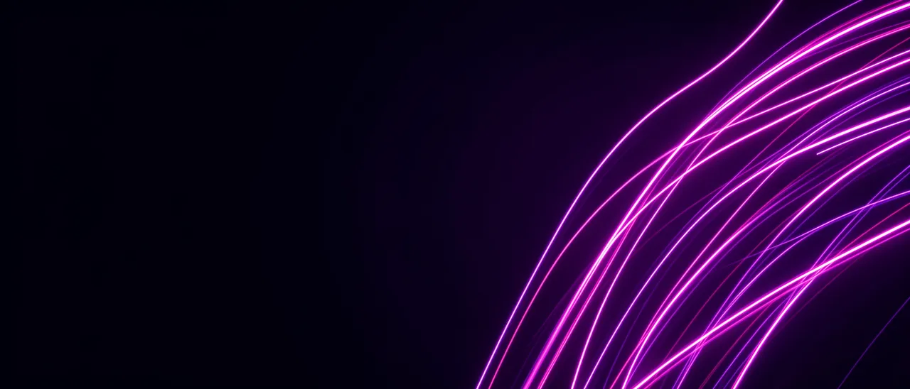 Curving glowing pink and violet light trails sit on the right side of a dark empty banner with copy space on the left