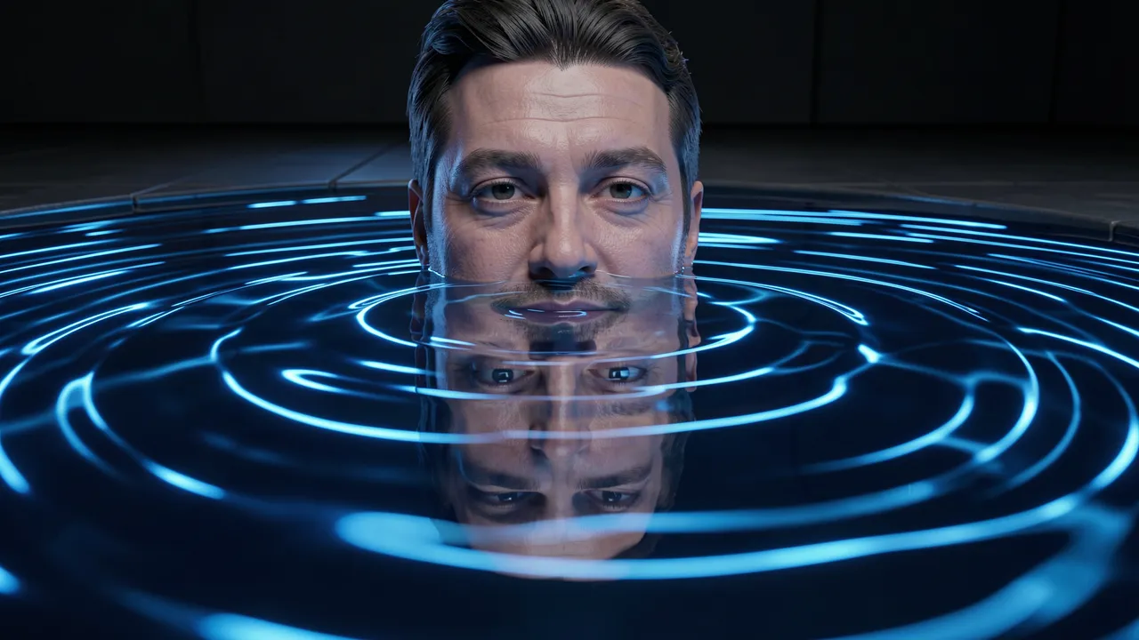 Adult male face reflected in glowing blue ripples across dark still pool water