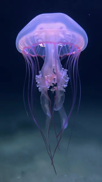 A translucent purple jellyfish floats against a gradient dark deep sea background.