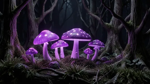 Luminous spotted purple mushrooms glow on mossy ground in a dark spooky forest