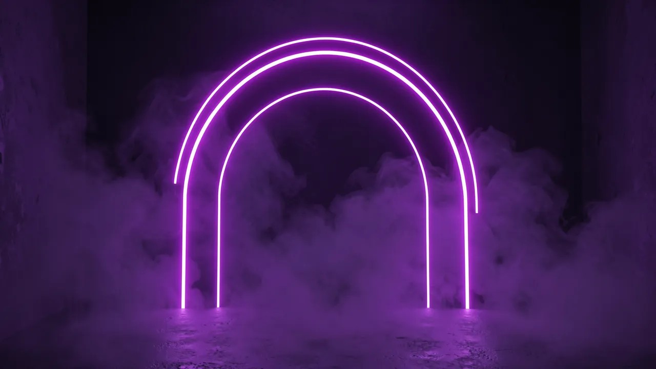 Layered glowing purple neon arch stands in a dark foggy room with hazy purple mist