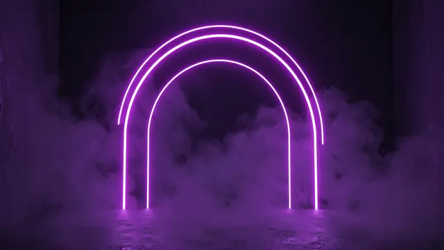 Layered glowing purple neon arch stands in a dark foggy room with hazy purple mist