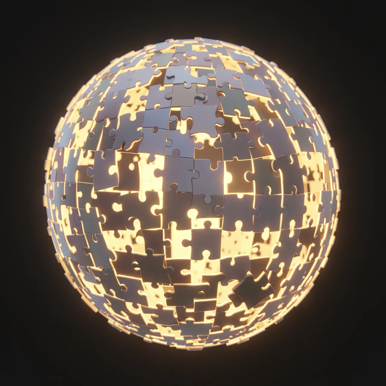 A 3D sphere constructed from interlocking puzzle pieces glows with warm internal light against a dark background