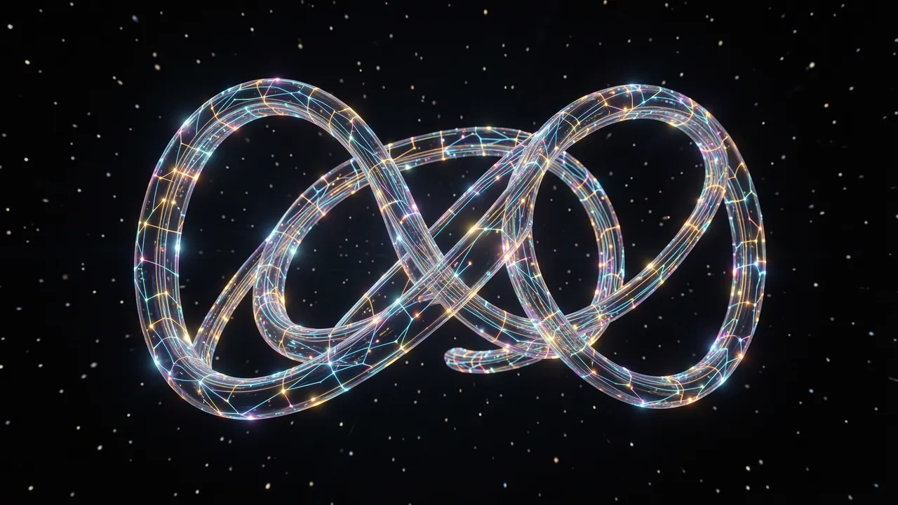 Luminous interwoven wireframe rings of light float against a dark starry space background
