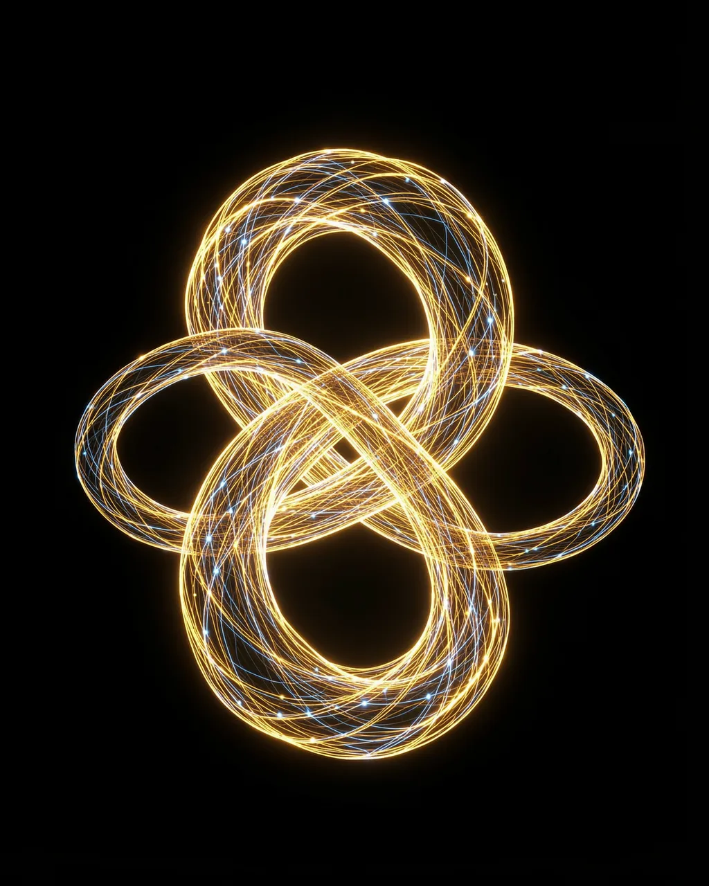 An intricate glowing intertwined knot of golden light lines sits against a solid black background