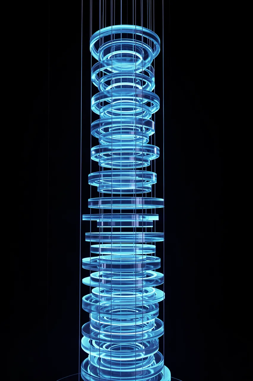 A tall column of stacked glowing blue translucent rings suspended by thin wires against a black background
