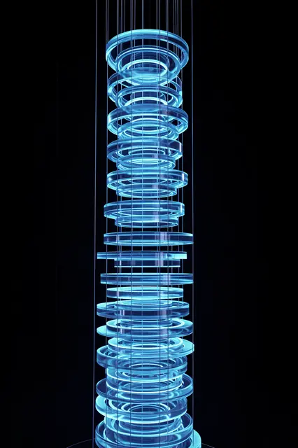 A tall column of stacked glowing blue translucent rings suspended by thin wires against a black background