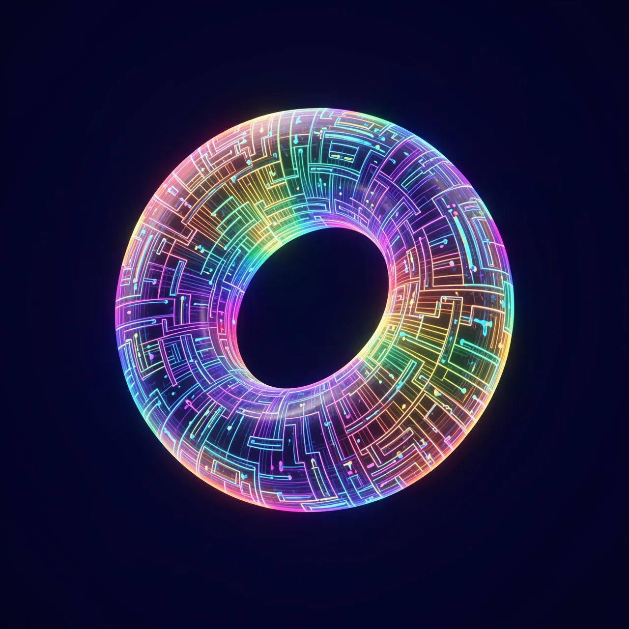 A translucent glowing circuit-patterned rainbow torus floats against a deep navy background