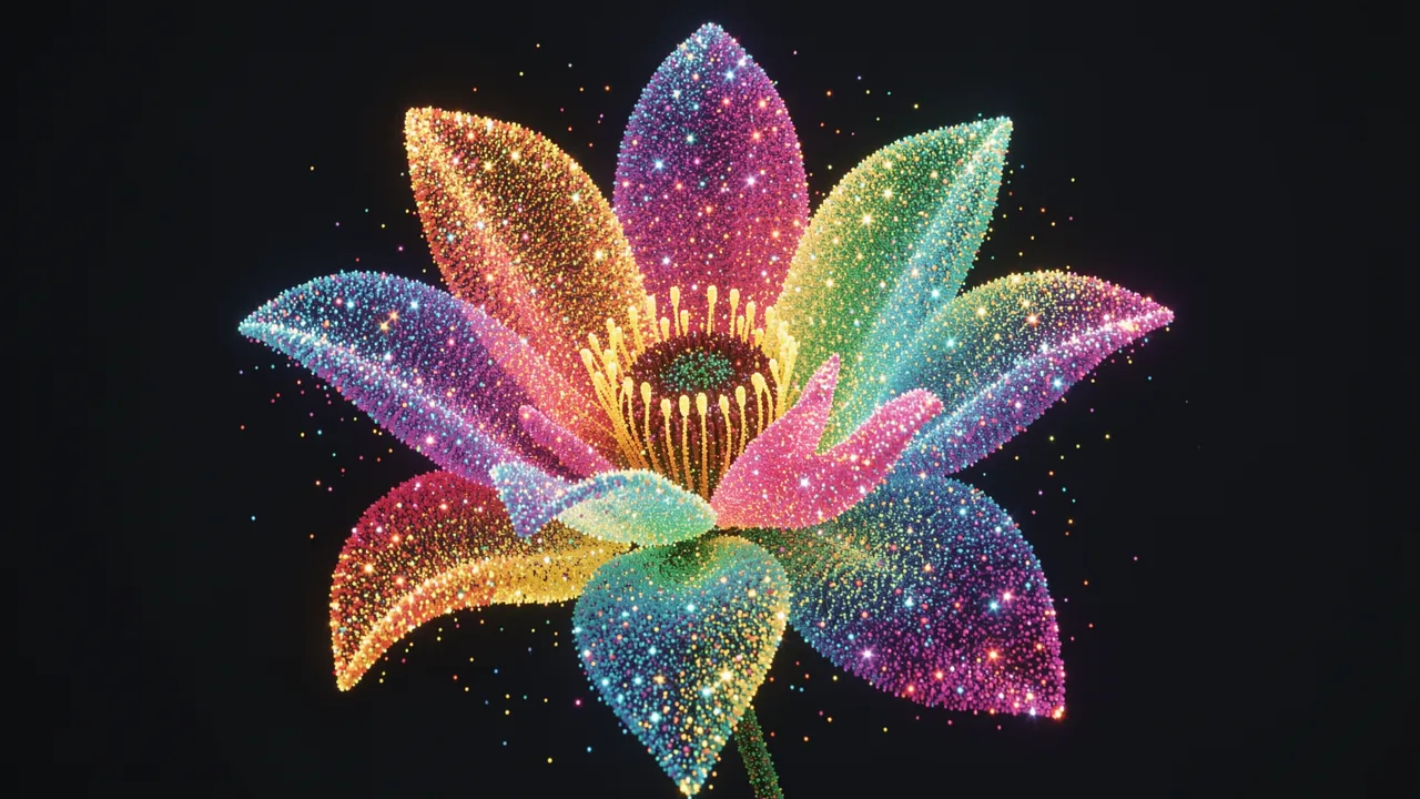 A blooming flower constructed from shimmering rainbow light particles against a solid black background