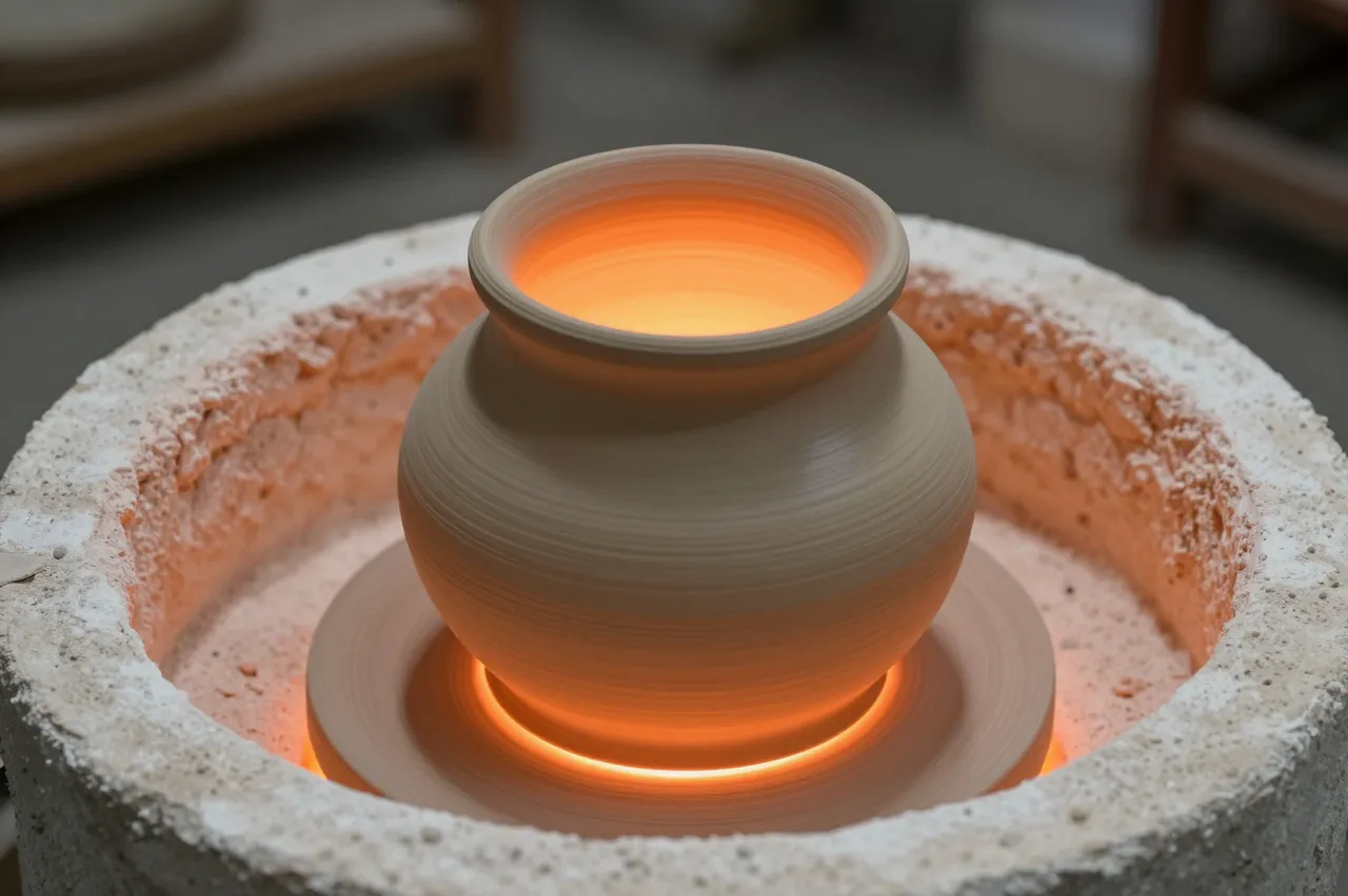 Hot glowing clay pottery sits centered inside the opening of a raku kiln