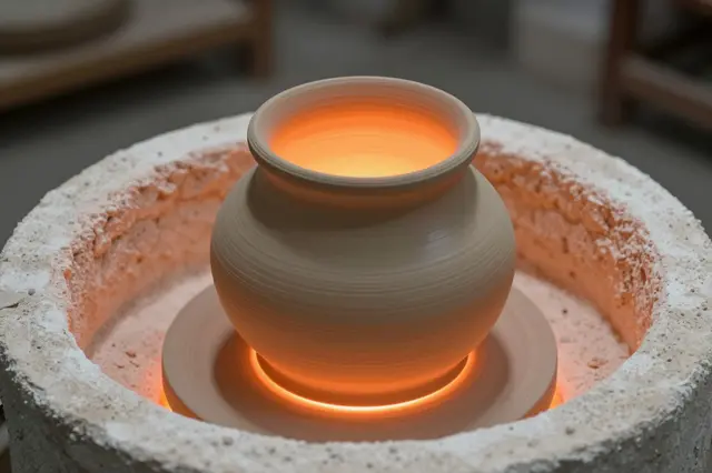 Hot glowing clay pottery sits centered inside the opening of a raku kiln