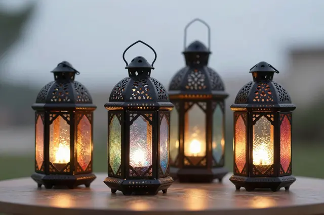 Four ornate lit Moroccan-style lanterns sit in a row on a wooden table at soft dusk