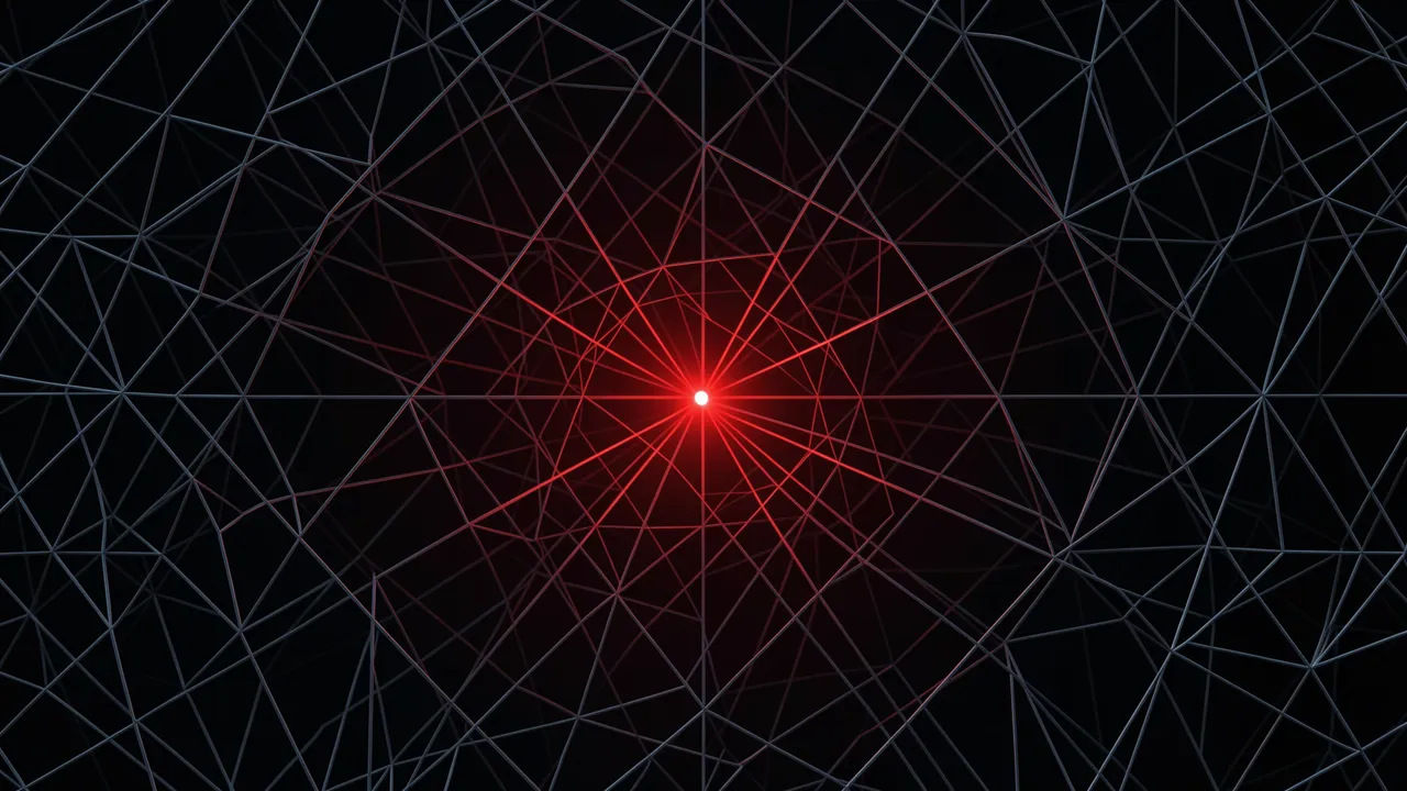 A dark geometric network wireframe has a single bright glowing red central node against black
