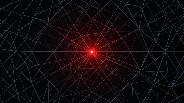 A dark geometric network wireframe has a single bright glowing red central node against black