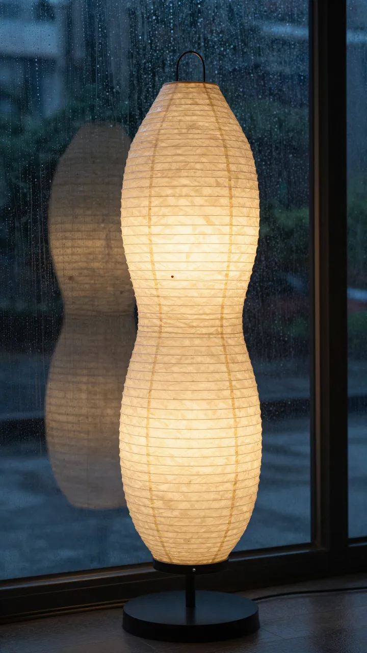 A tall glowing rice paper floor lamp stands beside a rain-streaked window at night
