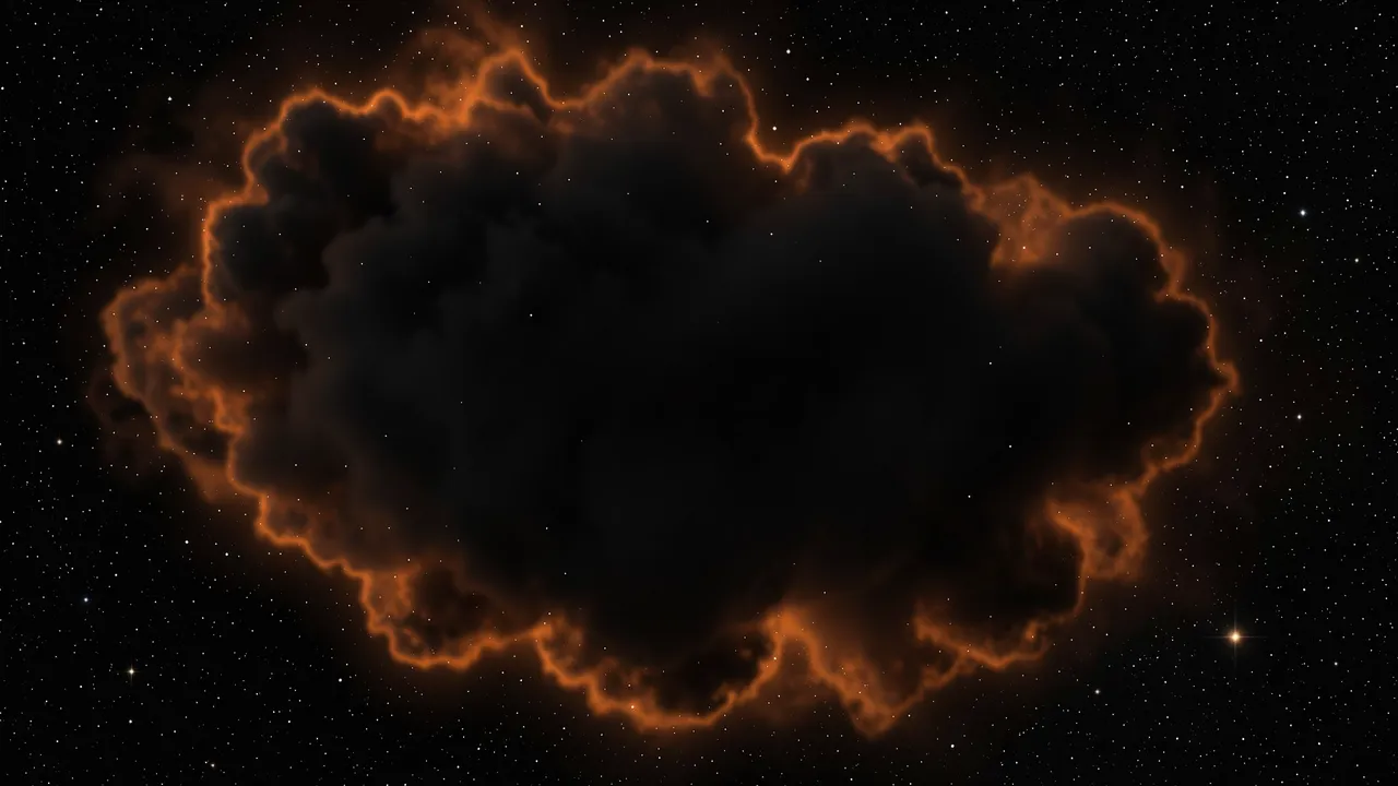 An inky dark space nebula rimmed with glowing orange light sits against a field of distant stars