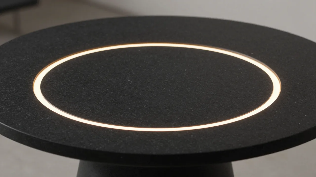 Close-up of a polished round black stone table with a thin warm glowing LED ring inset into its surface