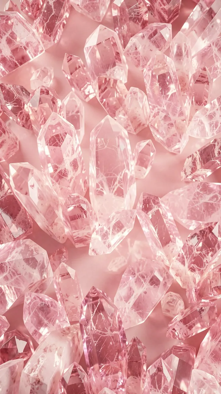 Vertical arrangement of faceted rose quartz crystals resting against a soft pale pink background