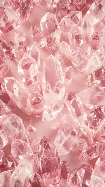 Vertical arrangement of faceted rose quartz crystals resting against a soft pale pink background