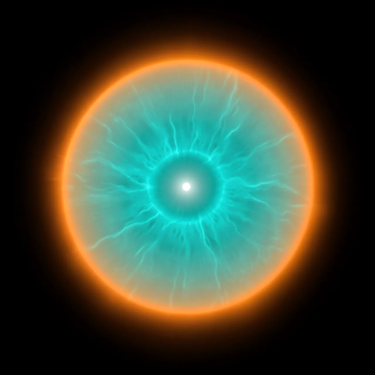 A circular planetary nebula with a tiny central white star, turquoise core, and glowing orange rim against black space