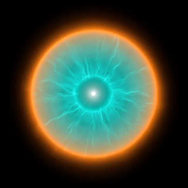 A circular planetary nebula with a tiny central white star, turquoise core, and glowing orange rim against black space