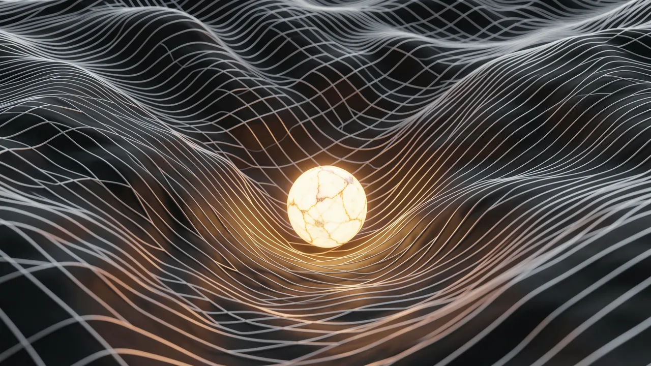 A glowing marble sphere rests at the lowest valley of a wavy wireframe 3D terrain