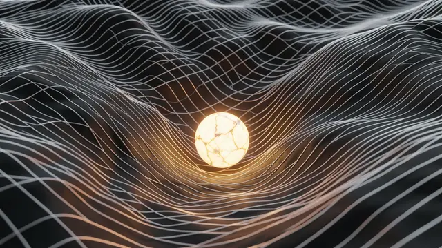 A glowing marble sphere rests at the lowest valley of a wavy wireframe 3D terrain