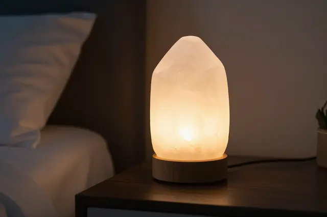 A lit salt lamp with a wooden base sits on a dark nightstand next to a bed in a dim bedroom