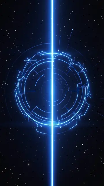 A vertical blue light beam passes through a glowing futuristic protection ring against a dark starry space background