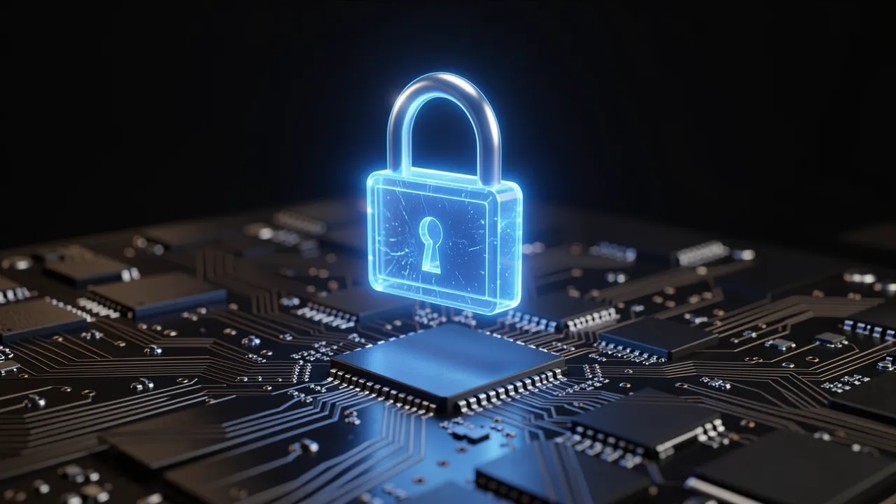 A glowing translucent blue padlock floats above a dark detailed computer circuit board against a black background