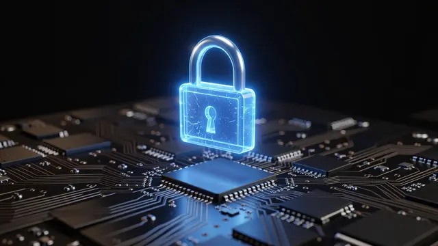 A glowing translucent blue padlock floats above a dark detailed computer circuit board against a black background