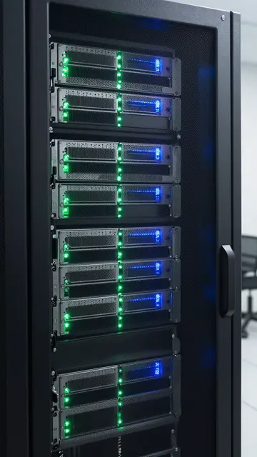 Close-up of a tall black server rack with lit green and blue indicator lights in a data center