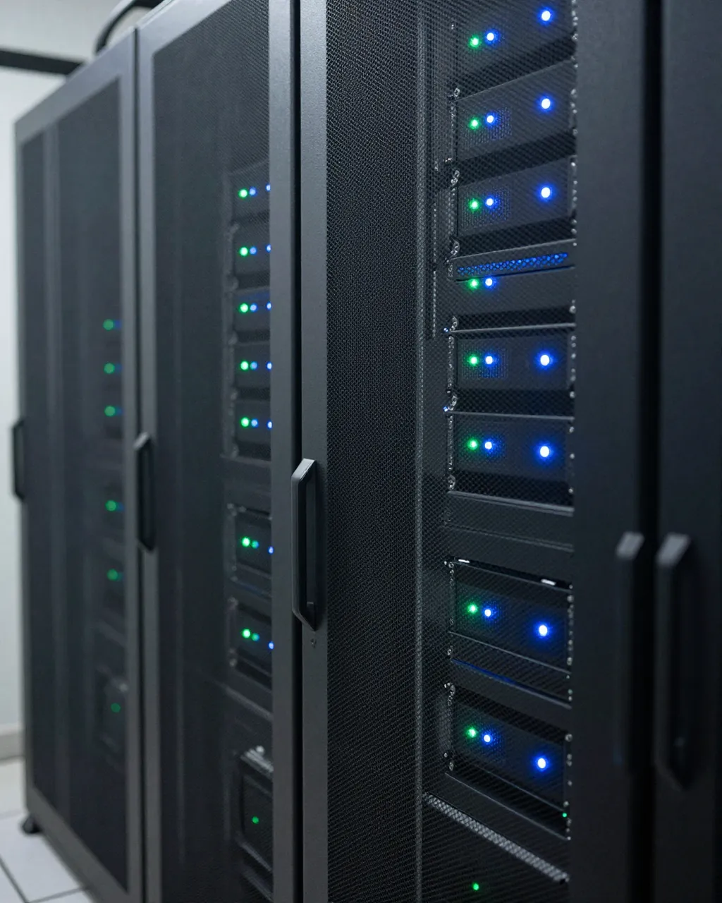 Row of black mesh server racks with glowing green and blue status indicator lights in a data center