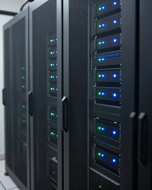 Row of black mesh server racks with glowing green and blue status indicator lights in a data center