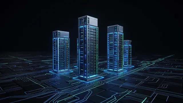 Tall lit server racks stand on a dark glowing circuit board digital plain against a black background