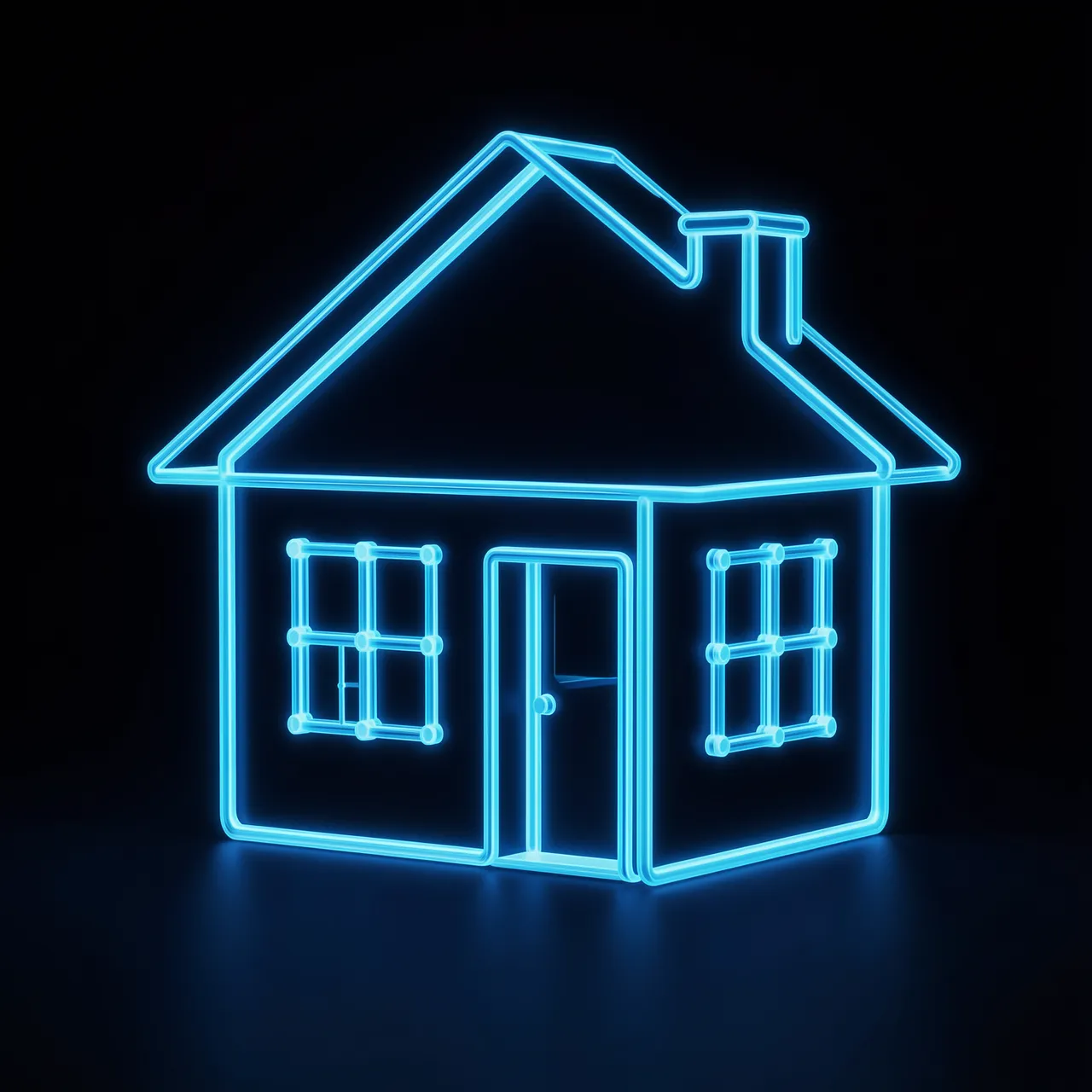 A glowing neon blue wireframe house icon with connected node details rests on a dark reflective surface