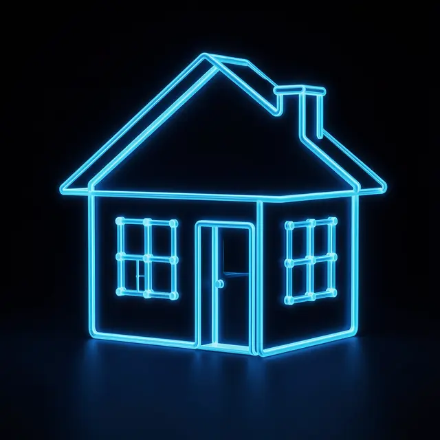 A glowing neon blue wireframe house icon with connected node details rests on a dark reflective surface