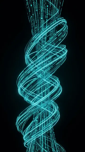 Vertical spiraling glowing cyan data streams against a solid black background