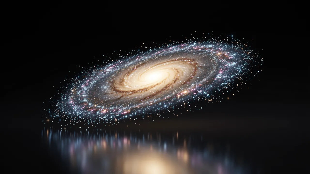A 3D spiral galaxy made of bright glowing particles floats above a dark reflective surface with soft mirrored reflections.