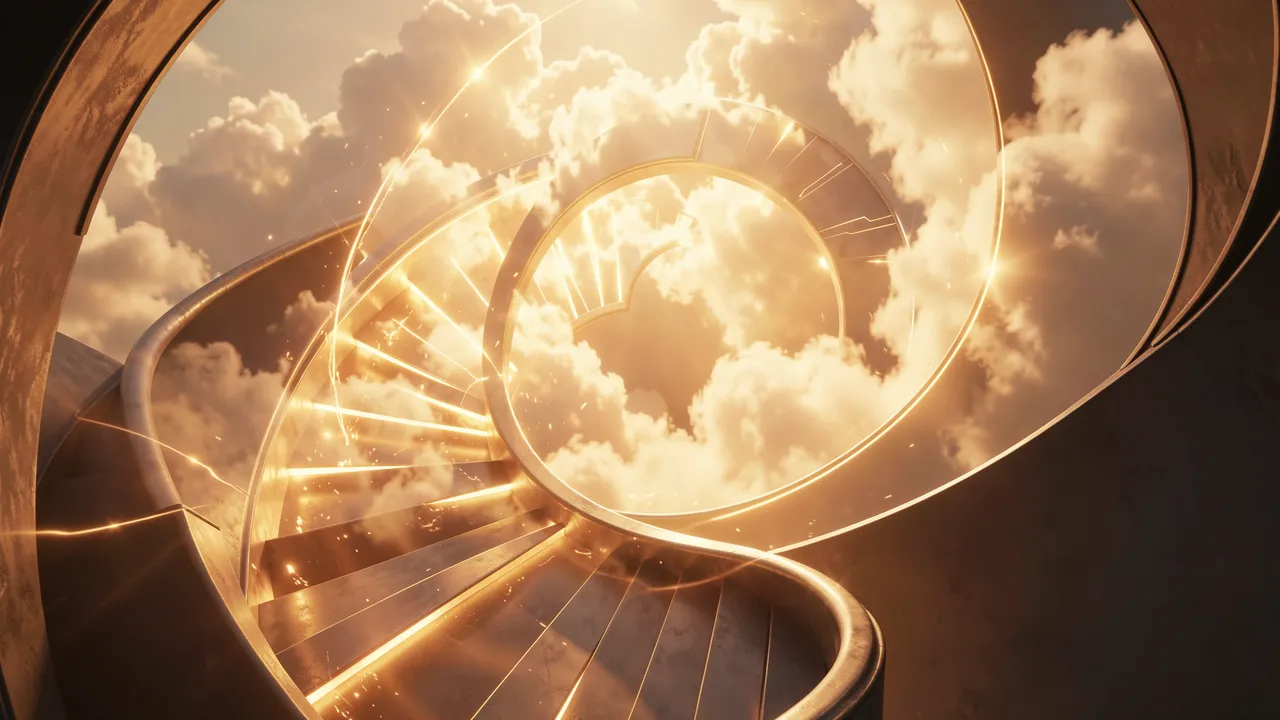 A warm golden glowing spiral staircase rises through fluffy sunlit clouds as an AI progress concept.