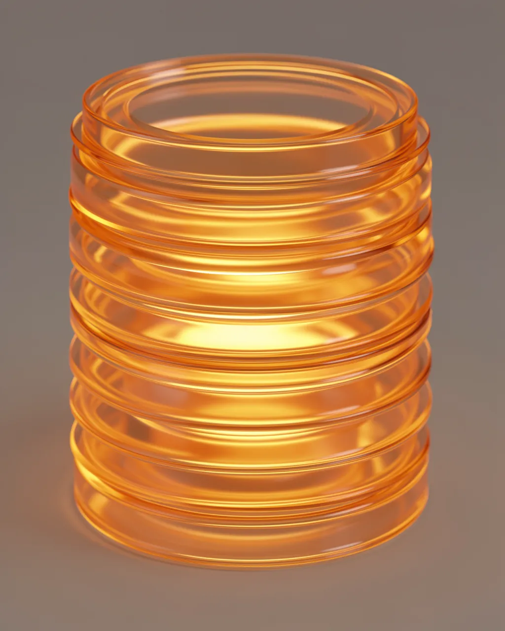 Stacked translucent amber discs glow softly against a neutral gray background